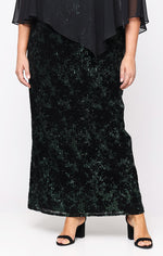 Plus Long Flocked Sequin Column Dress with Asymmetric Chiffon V-Neck Overlay