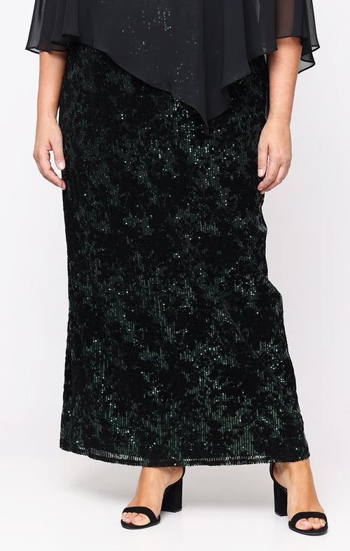 Plus Long Flocked Sequin Column Dress with Asymmetric Chiffon V-Neck Overlay