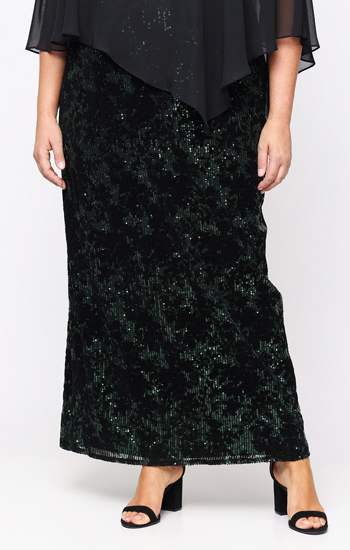 Plus Long Flocked Sequin Column Dress with Asymmetric Chiffon V-Neck Overlay