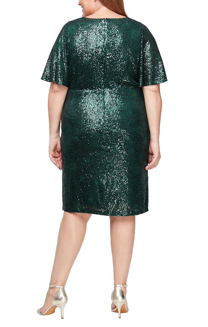 Plus Short Sequin Surplice Sheath Dress with Capelet Sleeves