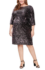 Plus Short Sequin Velvet Sheath Dress with 3/4 Sleeves