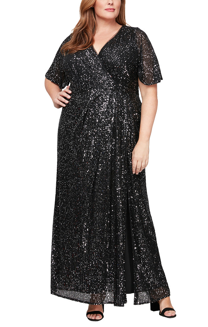 Plus Long Shimmer Surplice Neckline Dress with Elbow Flutter Sleeves