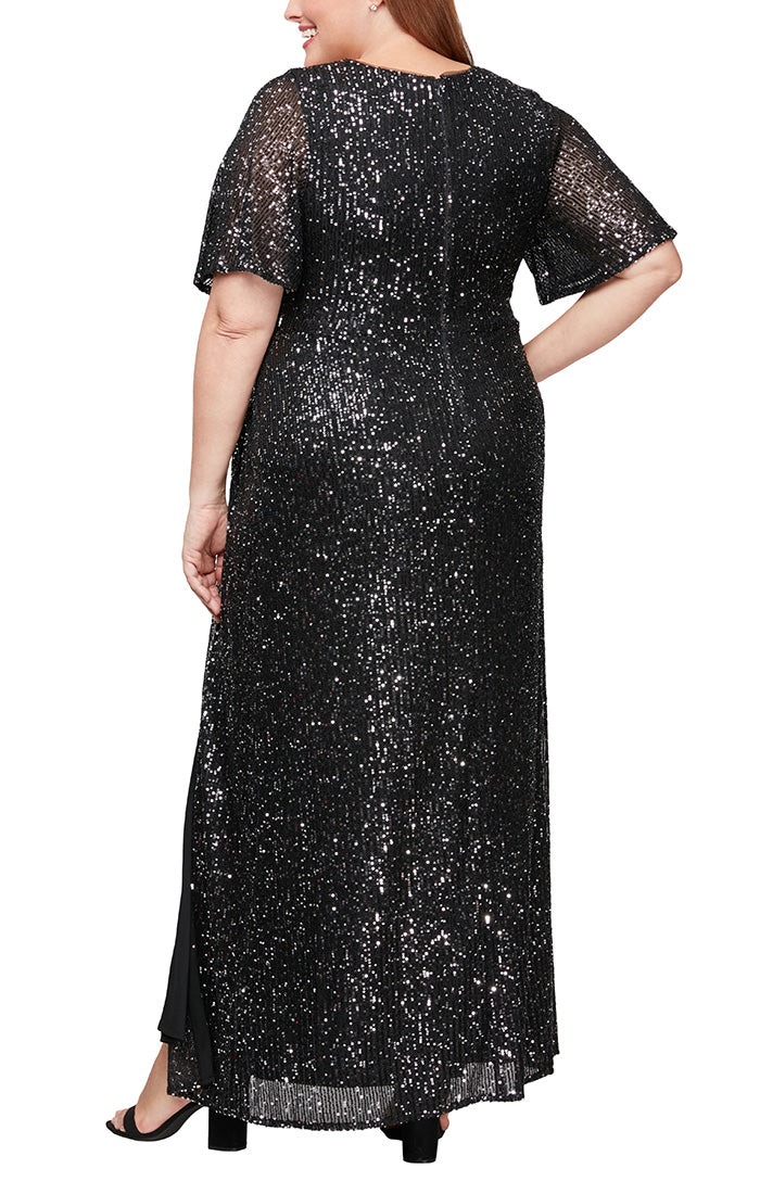 Plus Long Shimmer Surplice Neckline Dress with Elbow Flutter Sleeves