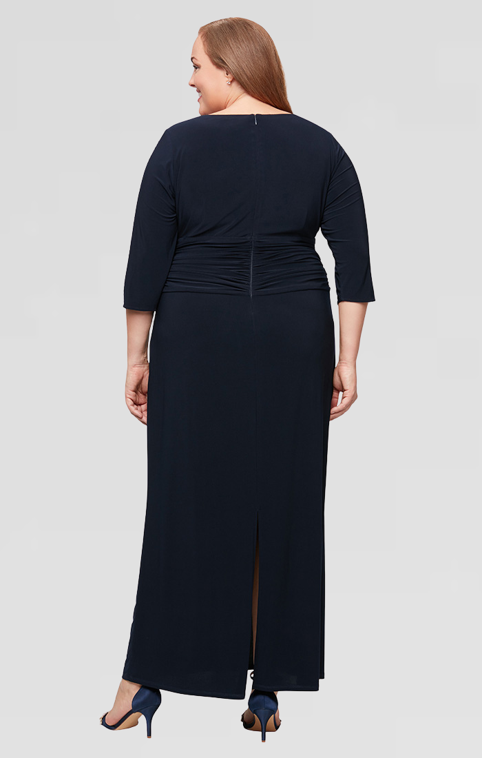 embellished matte jersey dress Alex Evenings Women's 3/4 Sleeve Illusion Mesh Ruched Side Dress, Black, 6