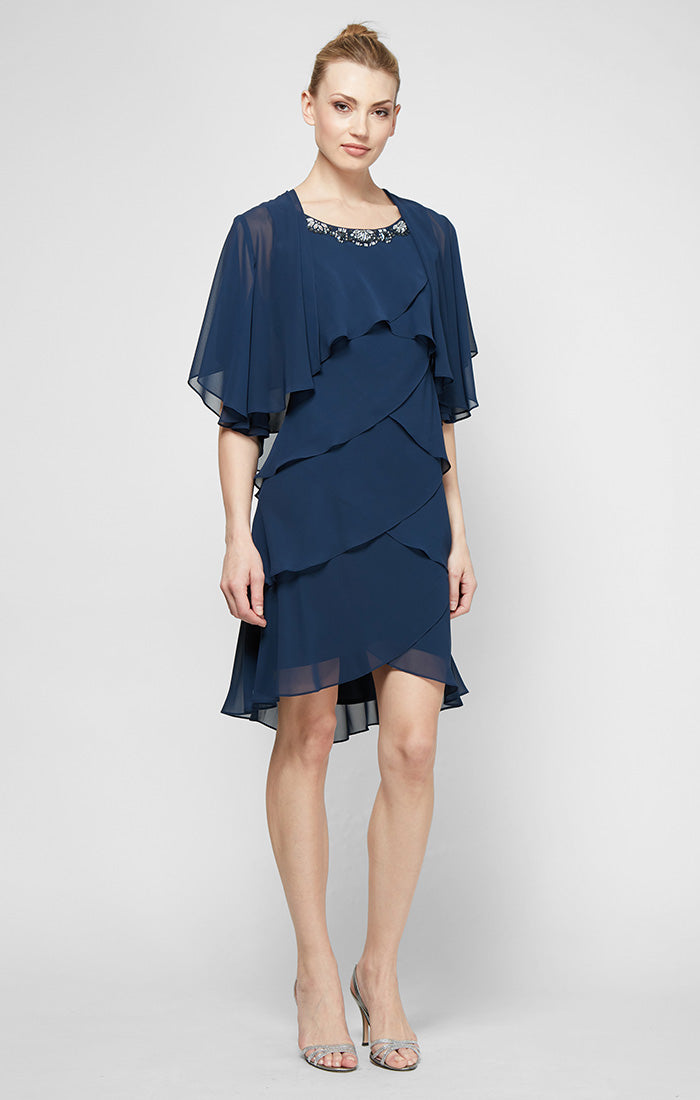 Sl Fashions Women's Beaded Neck Jacket Dress - Navy