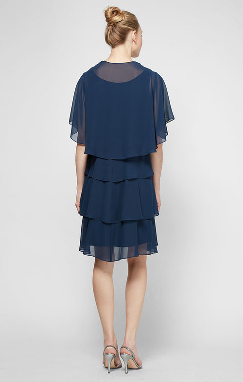 Tiered Chiffon Jacket Dress with Beaded Neck Detail