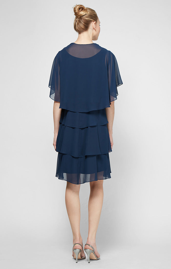 Tiered Chiffon Jacket Dress with Beaded Neck Detail