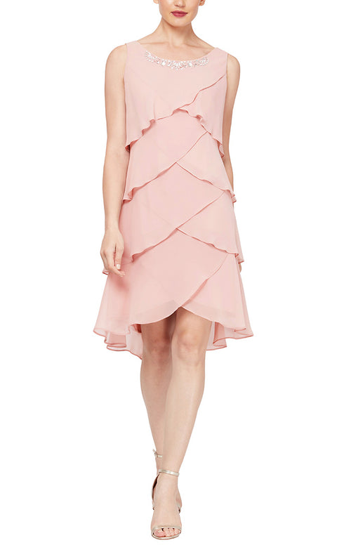 Petite Tiered Chiffon Jacket Dress with Beaded Neck Detail