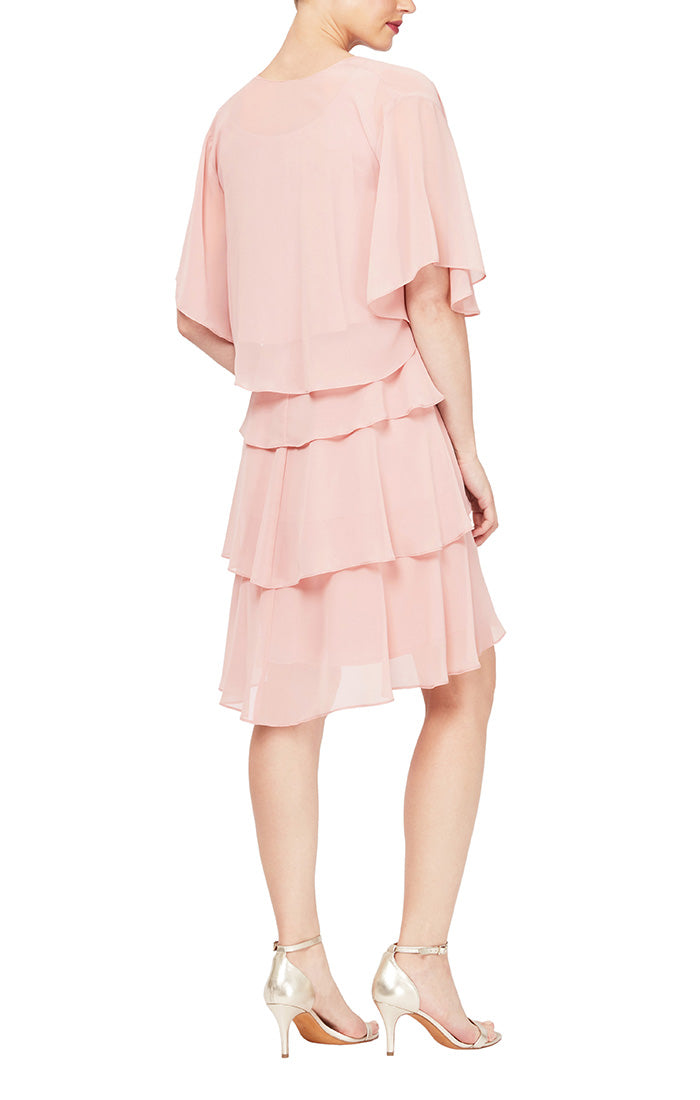 Tiered Chiffon Jacket Dress with Beaded Neck Detail