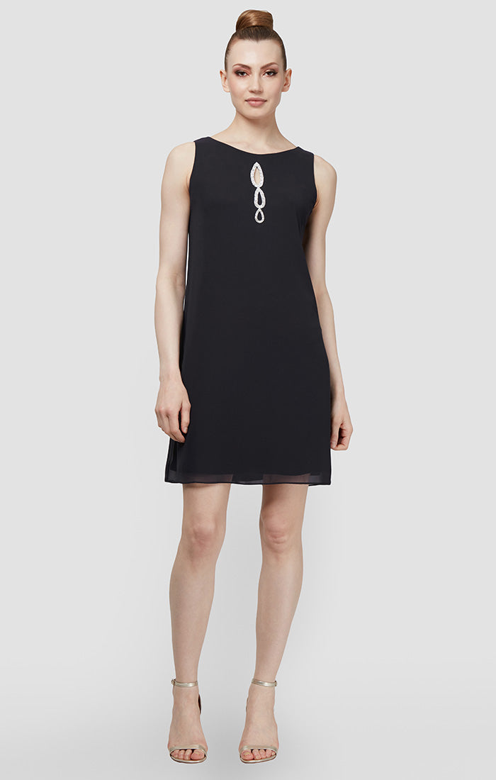 Chiffon Cocktail Dress with Beaded Neck and Removable Capelet