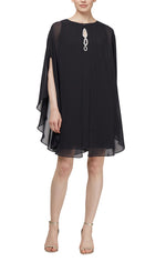 Petite Chiffon Cocktail Dress with Beaded Neck and Capelet