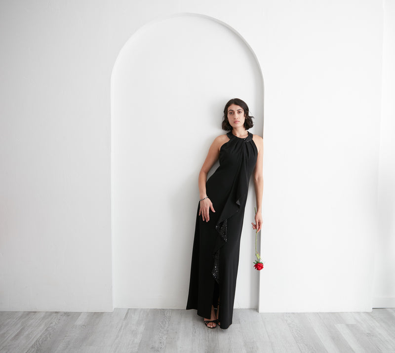 Halter Neckline Crepe Gown with Sequin Cascade Ruffle Detail