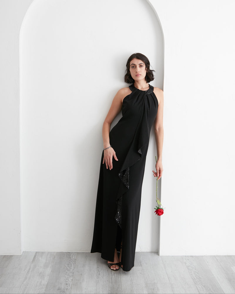Halter Neckline Crepe Gown with Sequin Cascade Ruffle Detail S.L. Fashions Halter Neckline Crepe Gown with Sequin Cascade Ruffle Detail S.L. Fashions