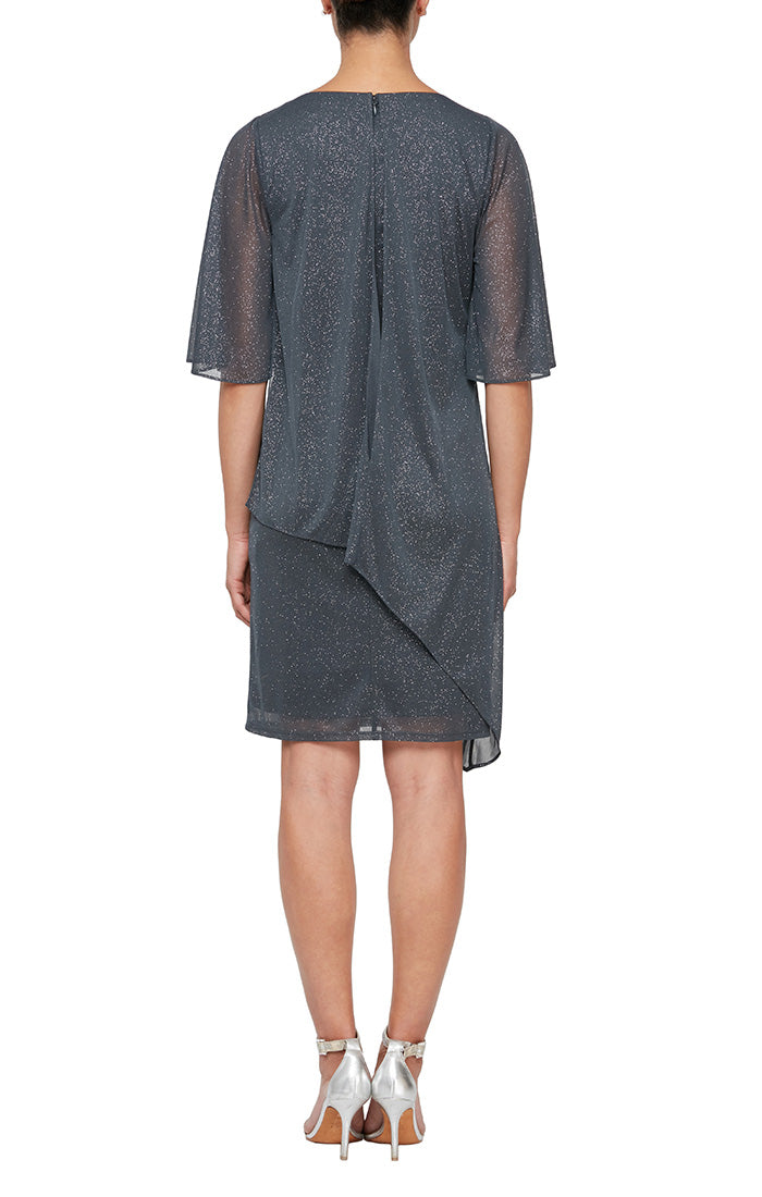 Regular - Glitter Mesh Shift Dress with Sheer Elbow Sleeves & Asymmetric Overlay